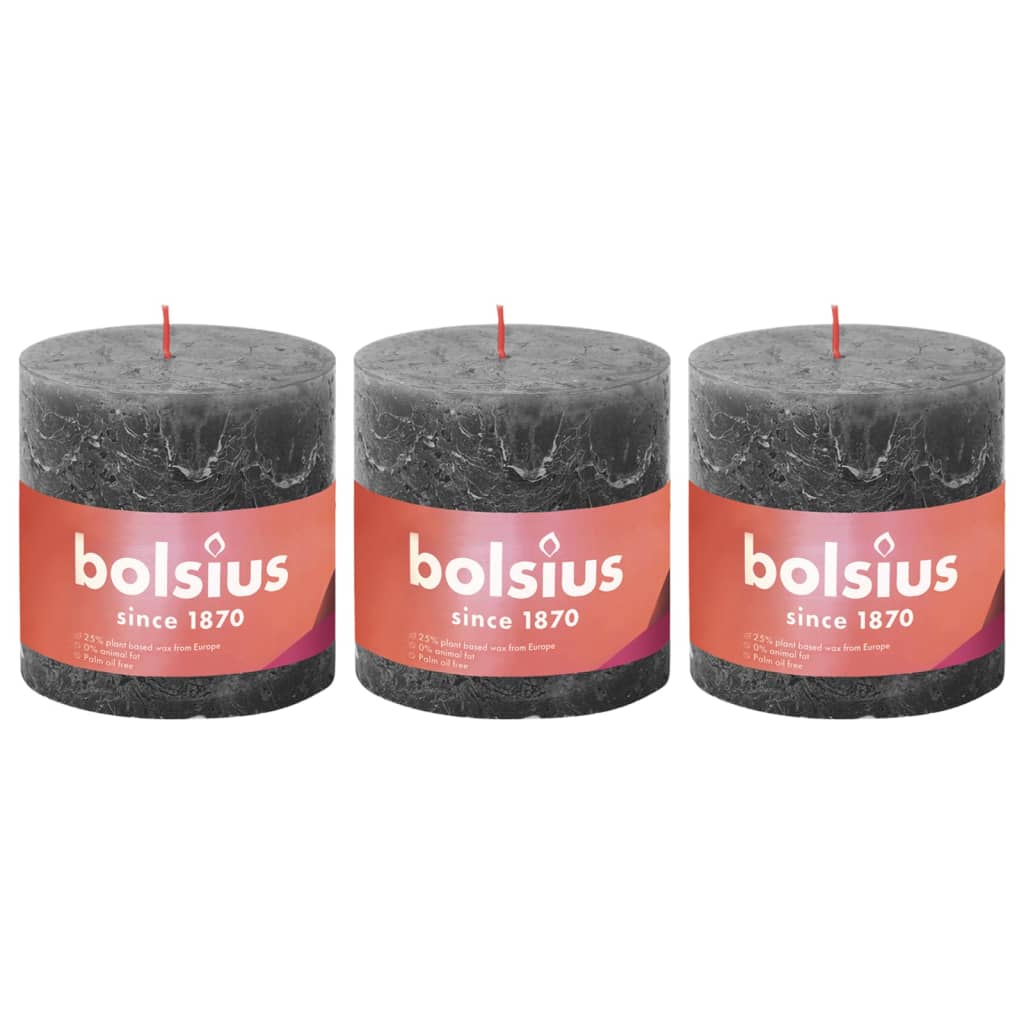 Bolsius Rustic Pillar Candles Shine 3 pcs 100x100 mm Stormy Grey