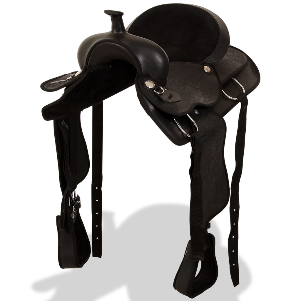vidaXL Western Saddle. Headstall&Breast Collar Real Leather 17" Black