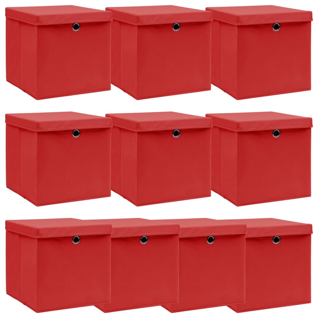 vidaXL Storage Boxes with Lids 10 pcs Red 32x32x32 cm Fabric