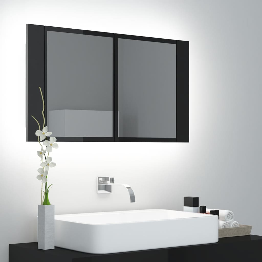 vidaXL LED Bathroom Mirror Cabinet High Gloss Black 80x12x45 cm Acrylic