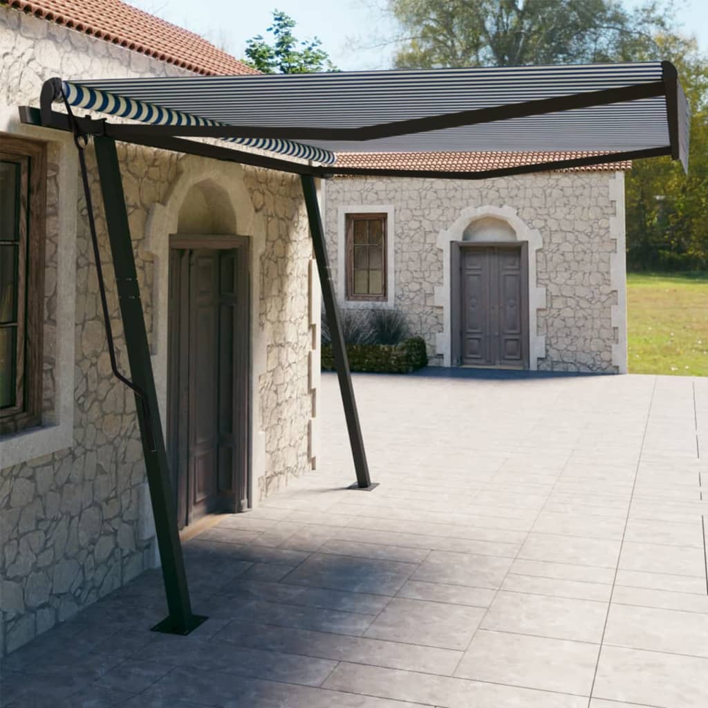 vidaXL Manual Retractable Awning with Posts 4x3 m Blue and White