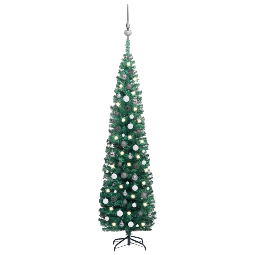 vidaXL Slim Artificial Pre-lit Christmas Tree with Ball Set Green 210 cm