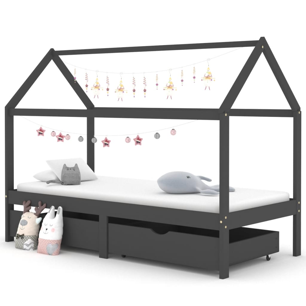 vidaXL Kids Bed Frame with Drawers Dark Grey Solid Pine Wood 90x200cm