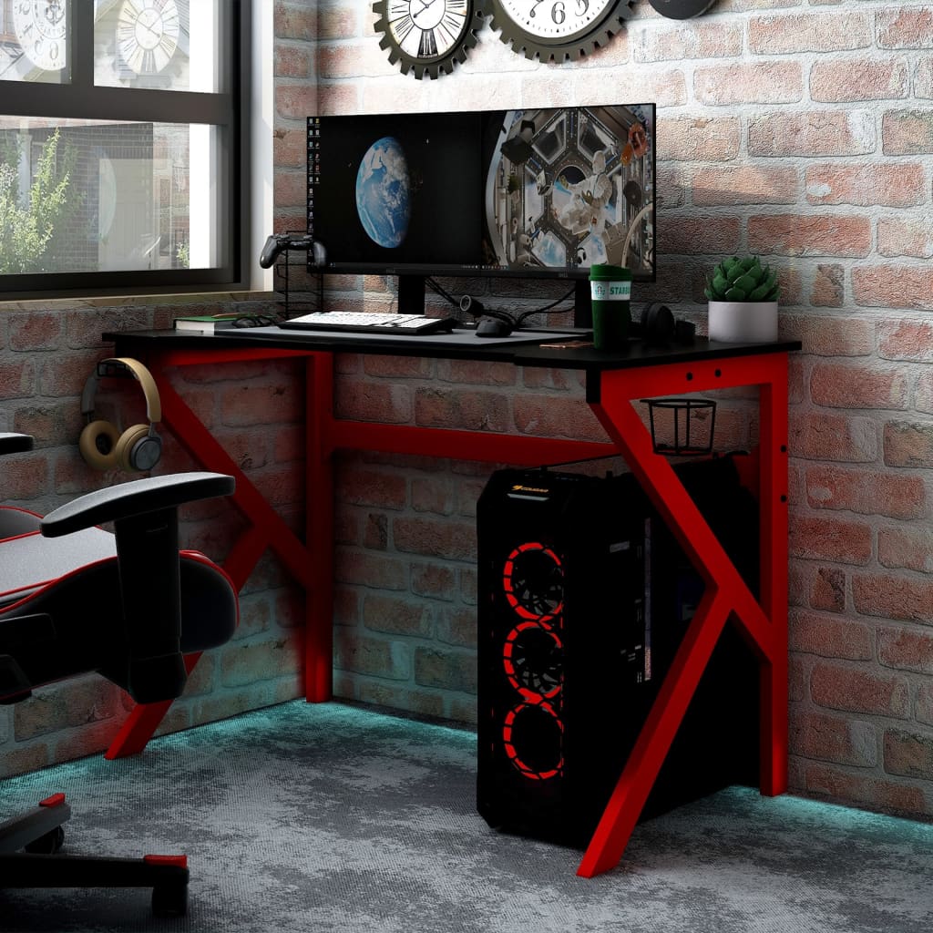 vidaXL Gaming Desk with K Shape Legs Black and Red 110x60x75 cm