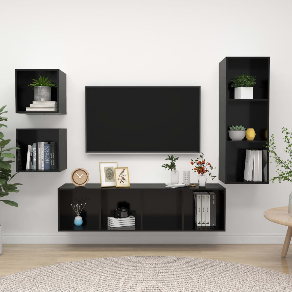 vidaXL 4 Piece TV Cabinet Set High Gloss Black Engineered Wood