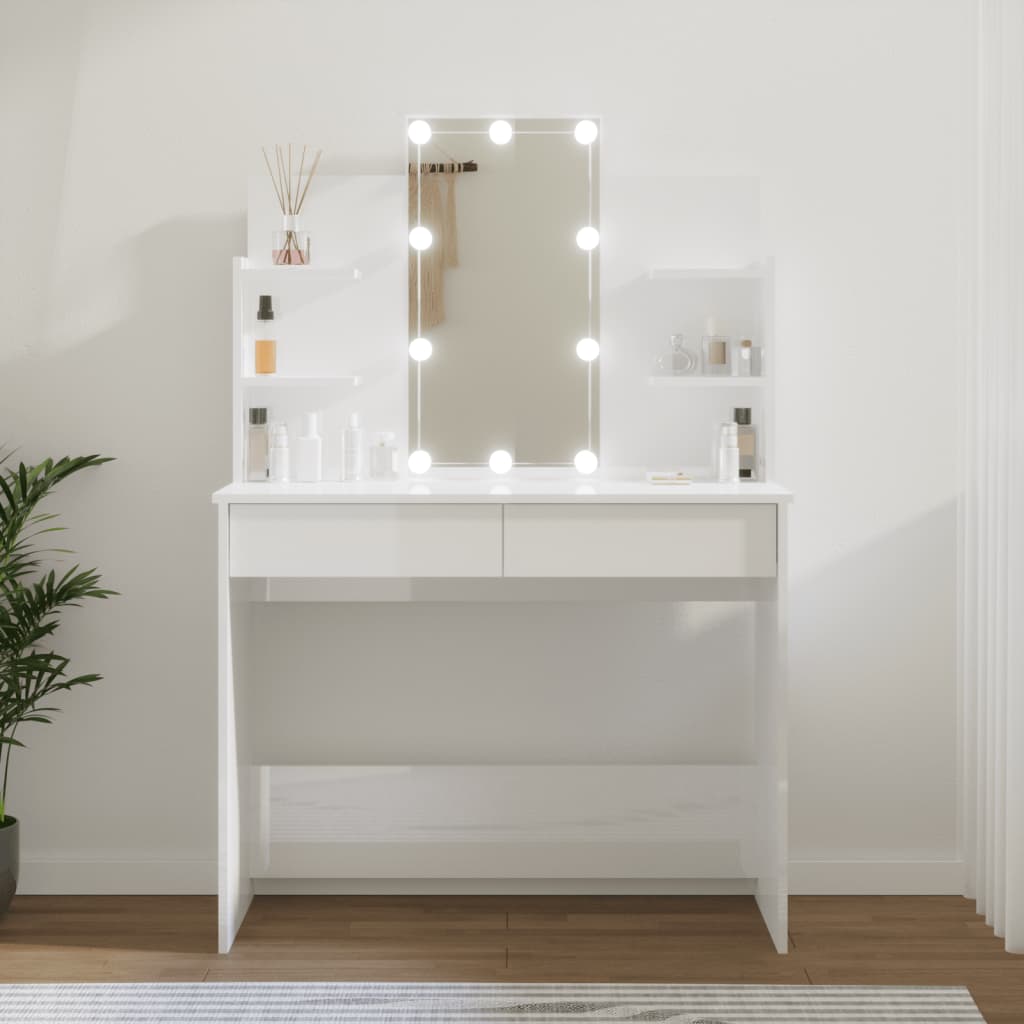 vidaXL Dressing Table with LED High Gloss White 96x40x142 cm