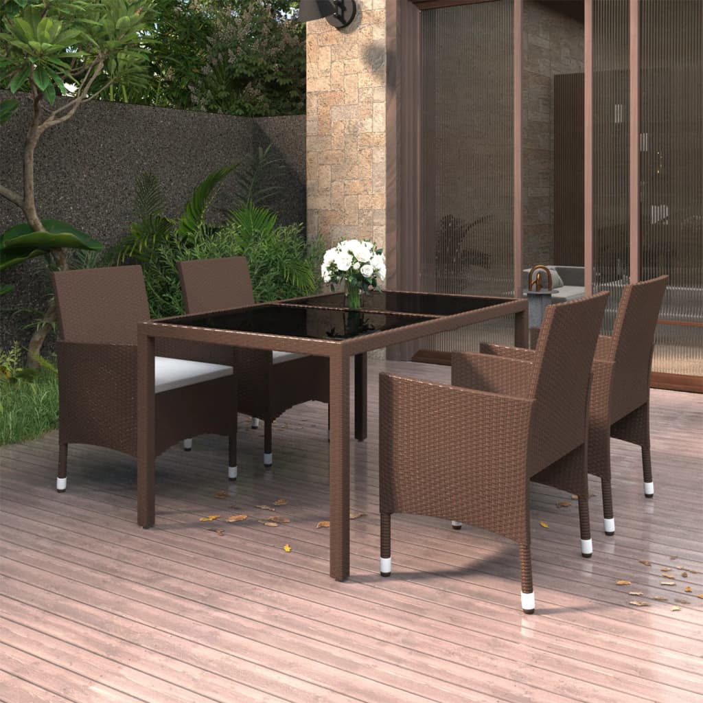 vidaXL 5 Piece Garden Dining Set Poly Rattan and Tempered Glass Brown