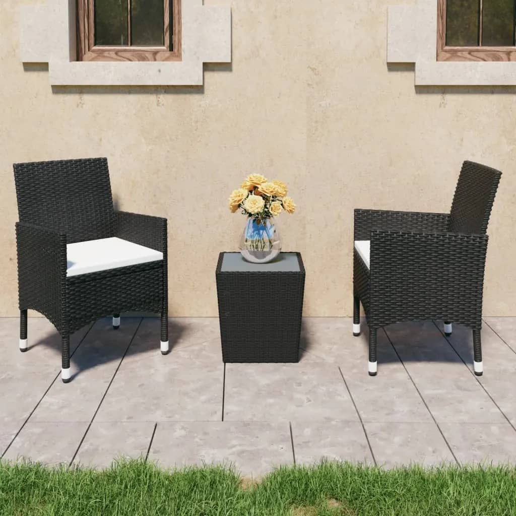 vidaXL 3 Piece Garden Bistro Set Poly Rattan and Tempered Glass Black