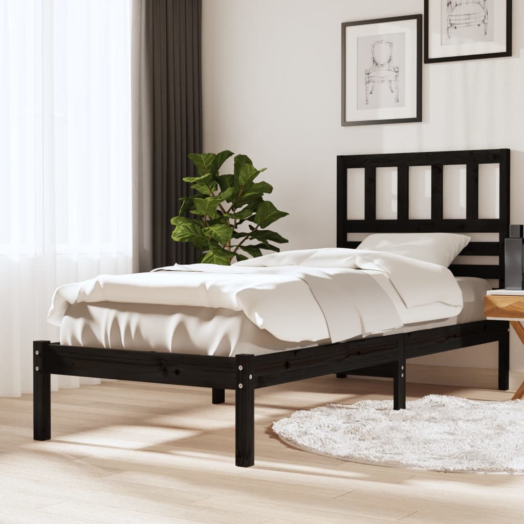 vidaXL Bed Frame Black 75x190 cm Small Single Solid Wood Pine
