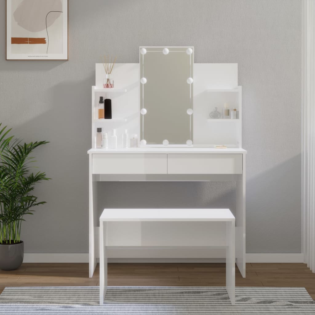 vidaXL Dressing Table Set with LED High Gloss White Engineered Wood