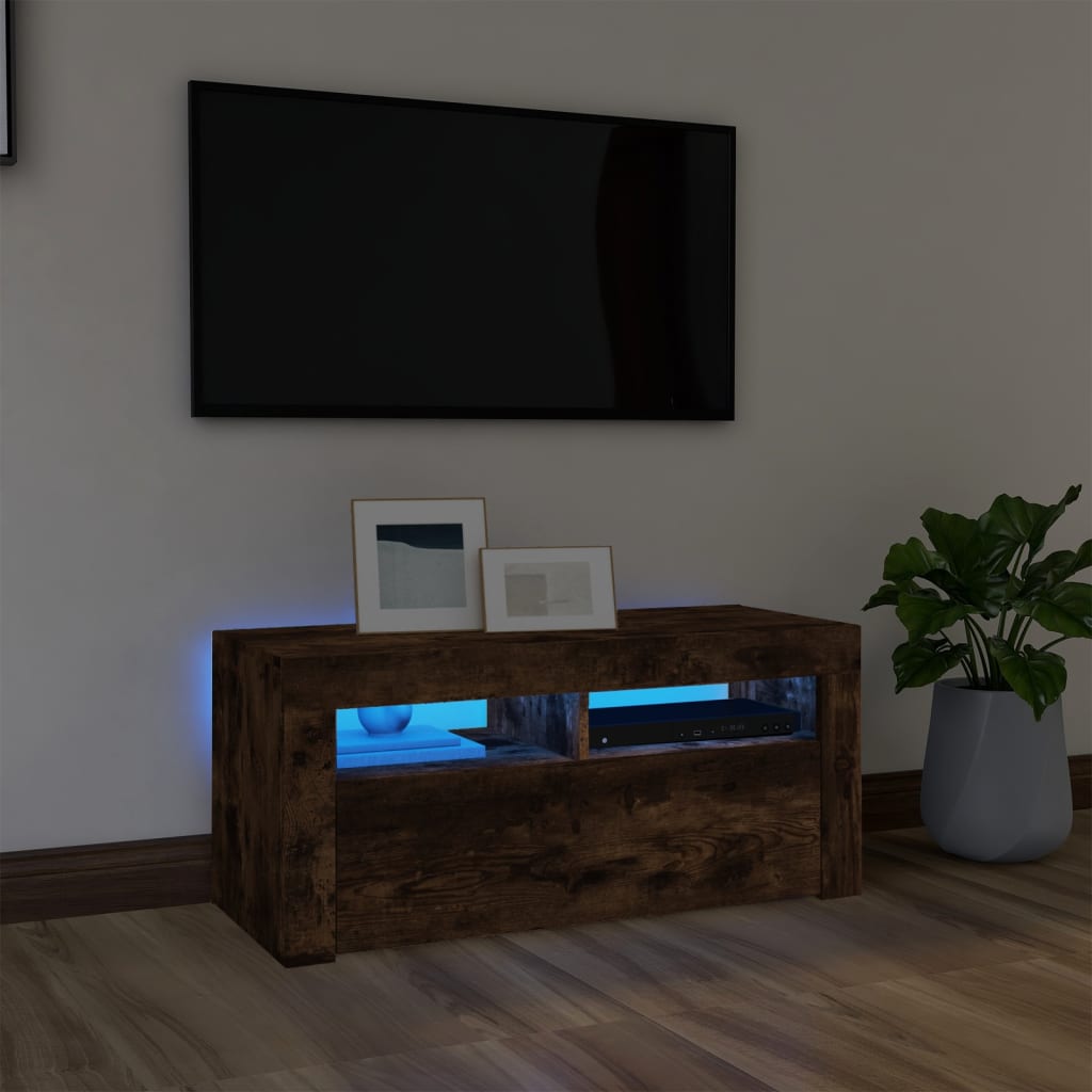 vidaXL TV Cabinet with LED Lights Smoked Oak 90x35x40 cm