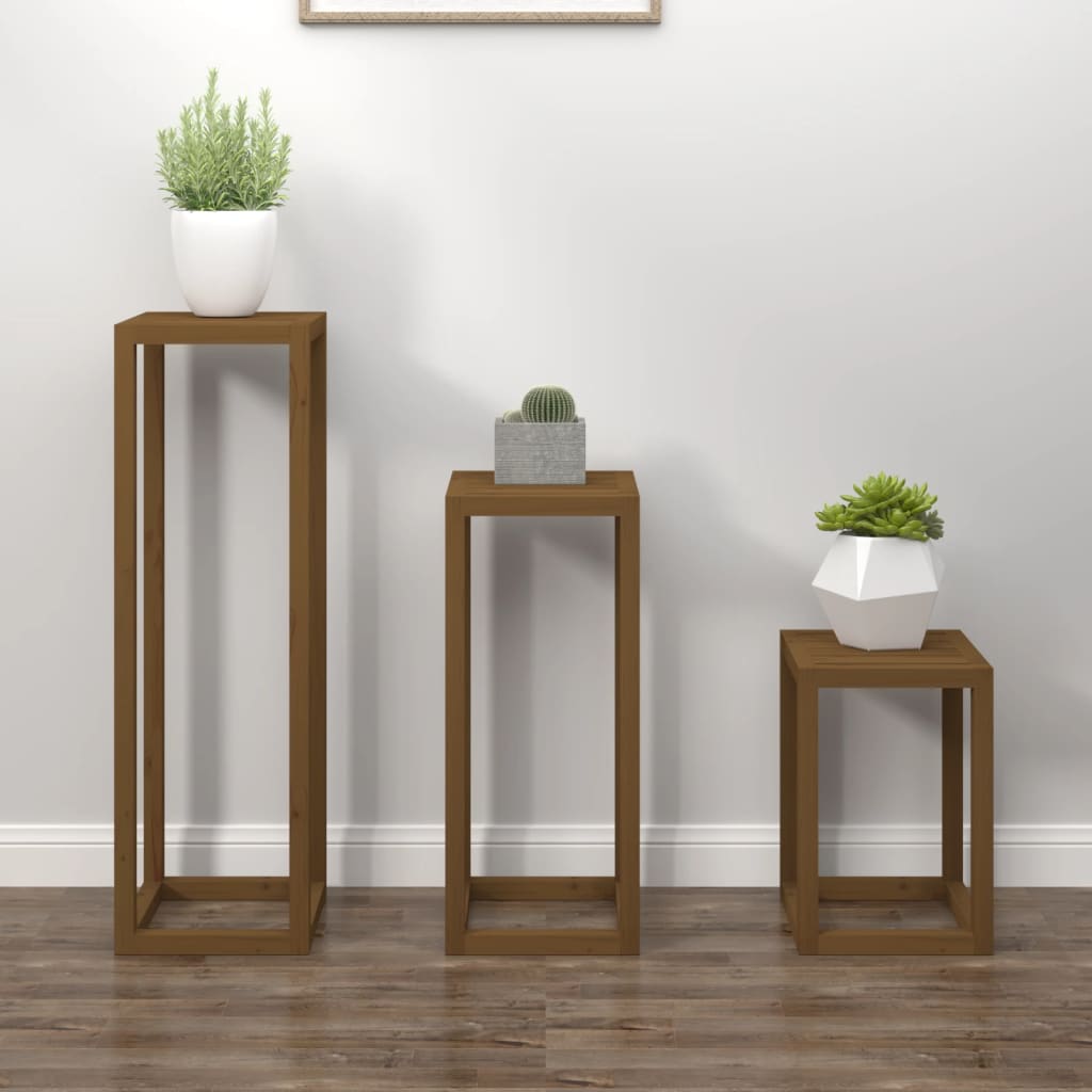 vidaXL 3 Piece Plant Stand Set Honey Brown Solid Wood Pine