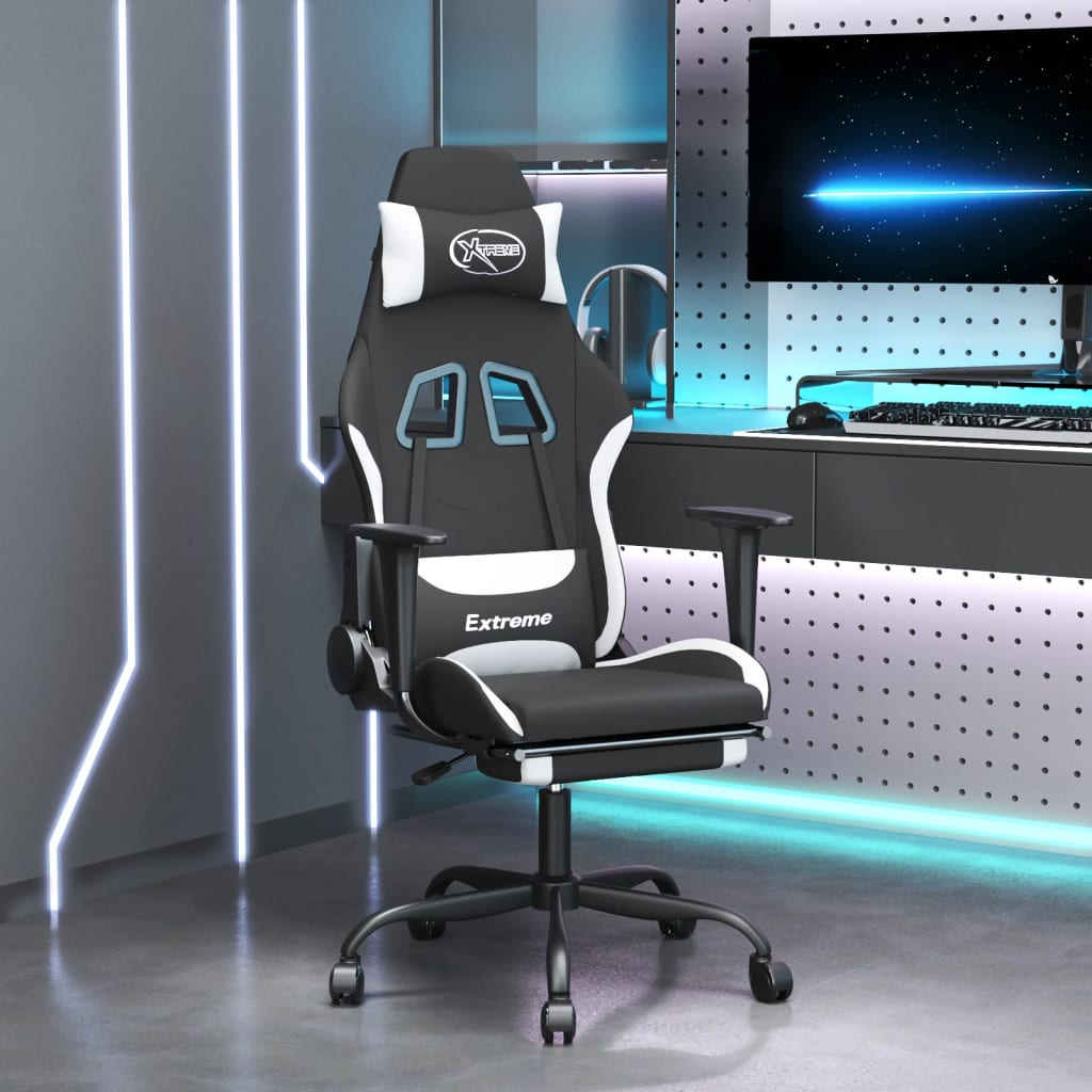 vidaXL Gaming Chair with Footrest Black and White Fabric
