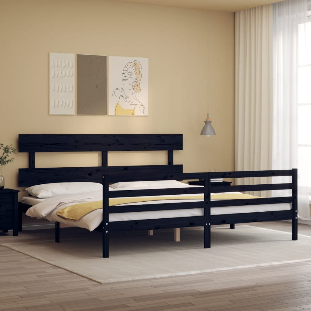 vidaXL Bed Frame with Headboard Black Super King Size Solid Wood