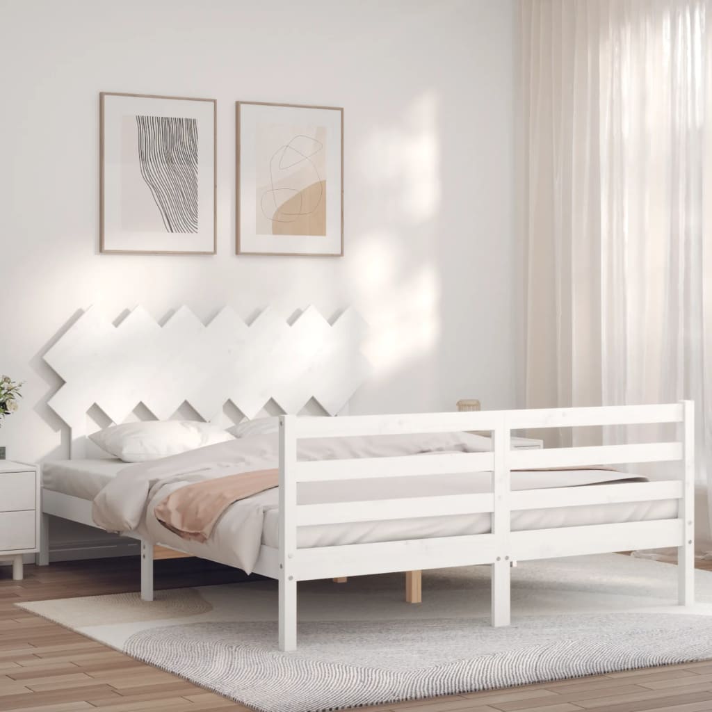 vidaXL Bed Frame with Headboard White King Size Solid Wood