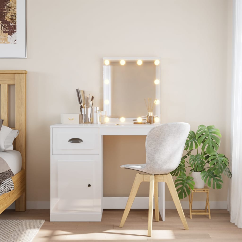 vidaXL Dressing Table with LED Lights High Gloss White 90x42x132.5 cm