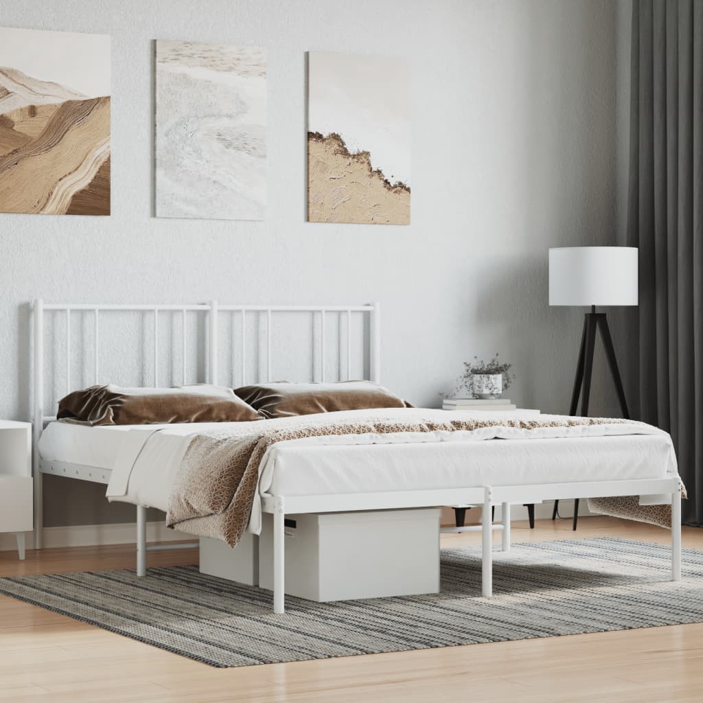 vidaXL Metal Bed Frame with Headboard White 150x200 cm 5FT King Size