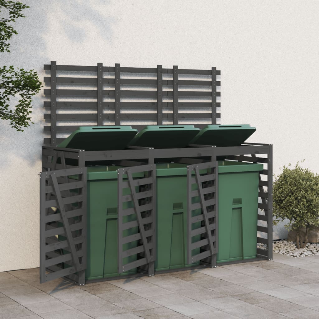 vidaXL Triple Wheelie Bin Storage Grey Solid Wood Pine