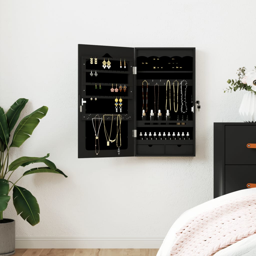vidaXL Mirror Jewellery Cabinet Wall Mounted Black 37.5x10x67 cm