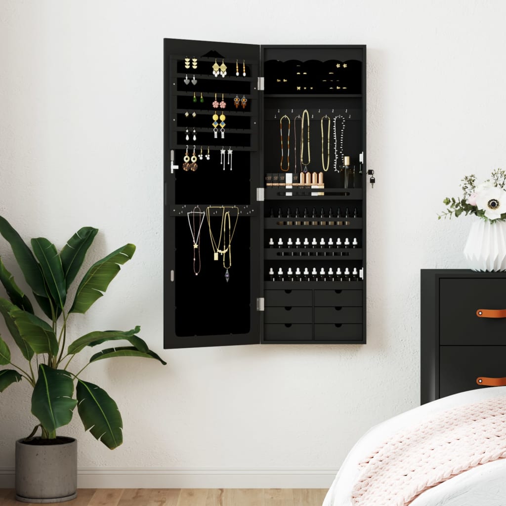 vidaXL Mirror Jewellery Cabinet Wall Mounted Black 37.5x10x106 cm