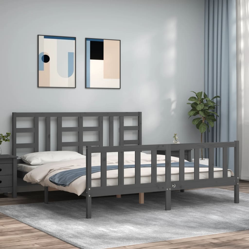 vidaXL Bed Frame with Headboard Grey 180x200 cm Solid Wood