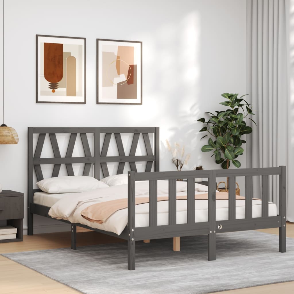vidaXL Bed Frame with Headboard Grey 140x200 cm Solid Wood