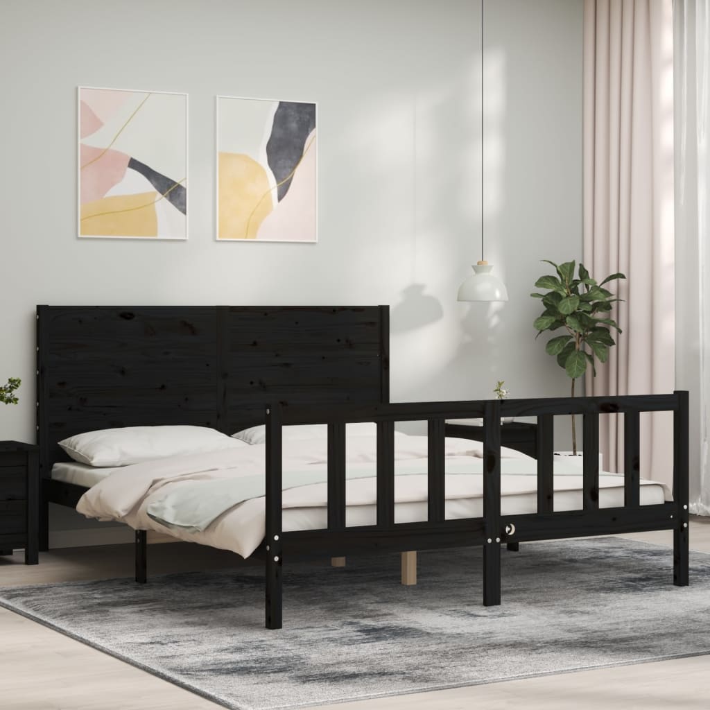 vidaXL Bed Frame with Headboard Black King Size Solid Wood