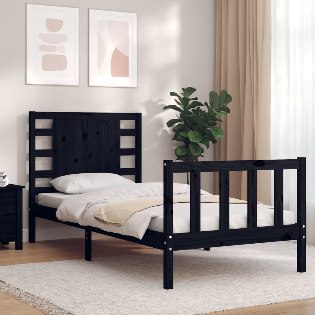 vidaXL Bed Frame with Headboard Black Single Solid Wood