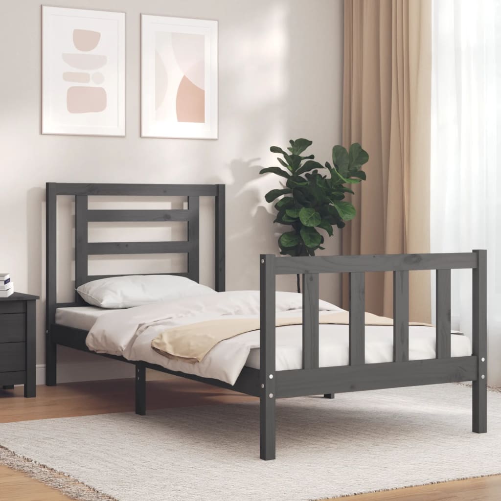 vidaXL Bed Frame with Headboard Grey Single Solid Wood