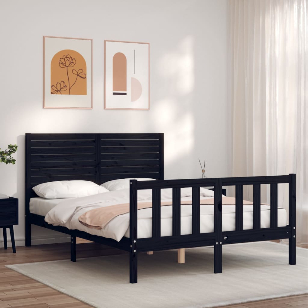 vidaXL Bed Frame with Headboard Black Small Double Solid Wood