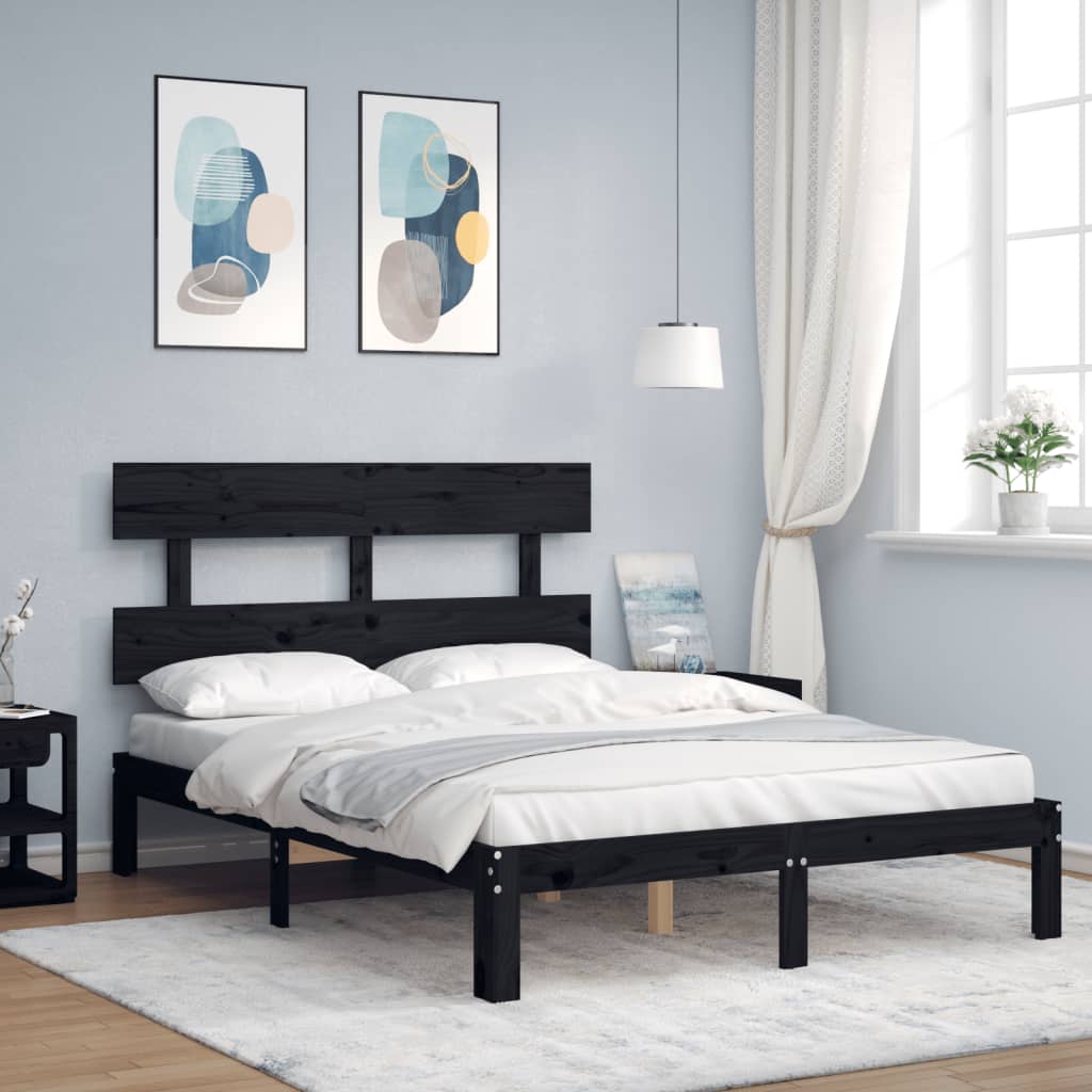 vidaXL Bed Frame with Headboard Black Double Solid Wood