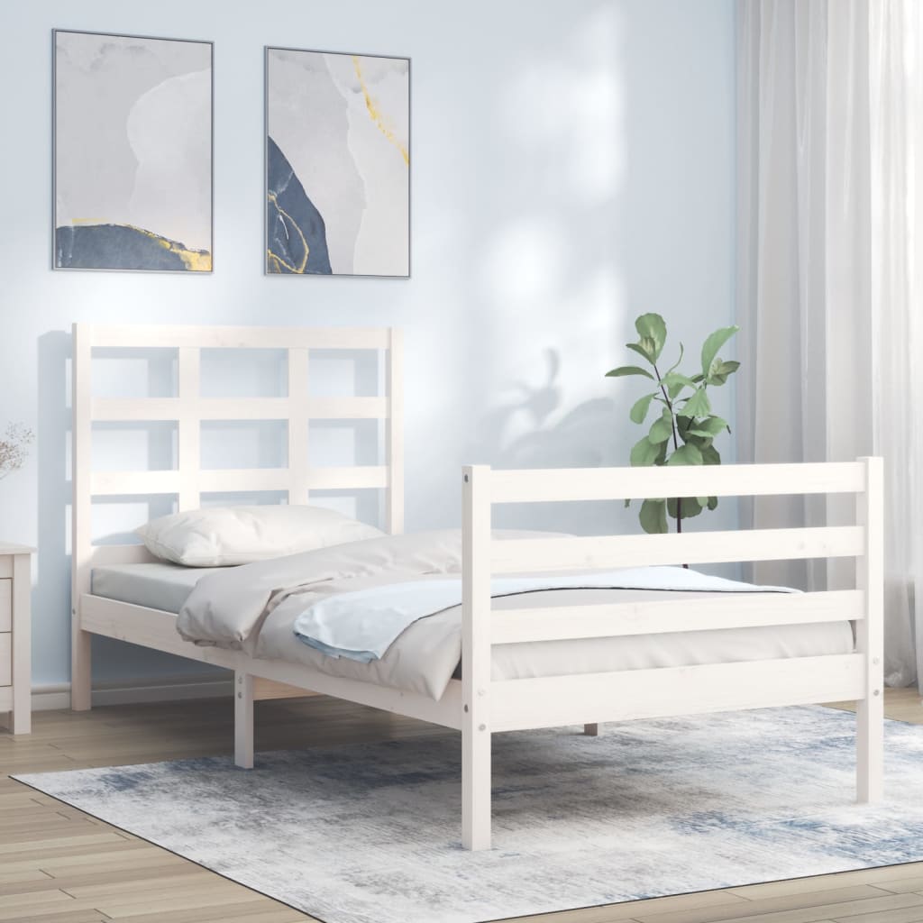 vidaXL Bed Frame with Headboard White Single Solid Wood