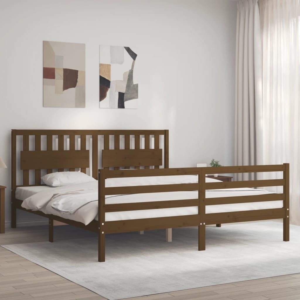 vidaXL Bed Frame with Headboard Honey Brown Super King Size Solid Wood