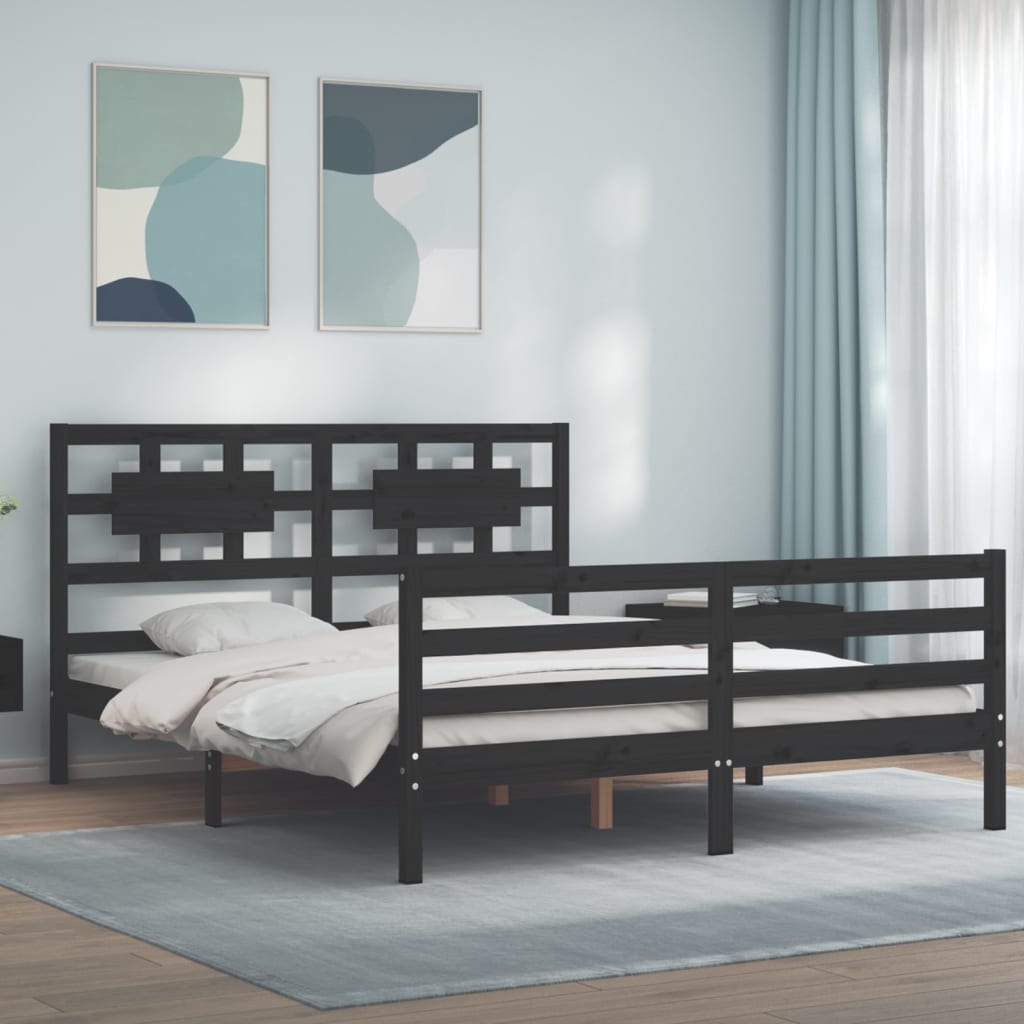 vidaXL Bed Frame with Headboard Black 160x200 cm Solid Wood
