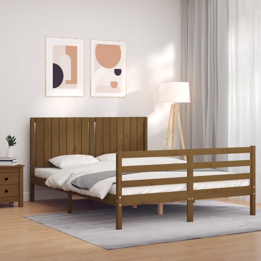 vidaXL Bed Frame with Headboard Honey Brown King Size Solid Wood
