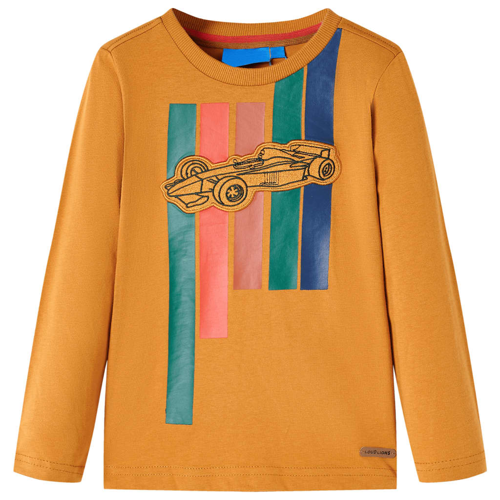 Kids' T-shirt with Long Sleeves Racing Car Print Dark Ochre 140