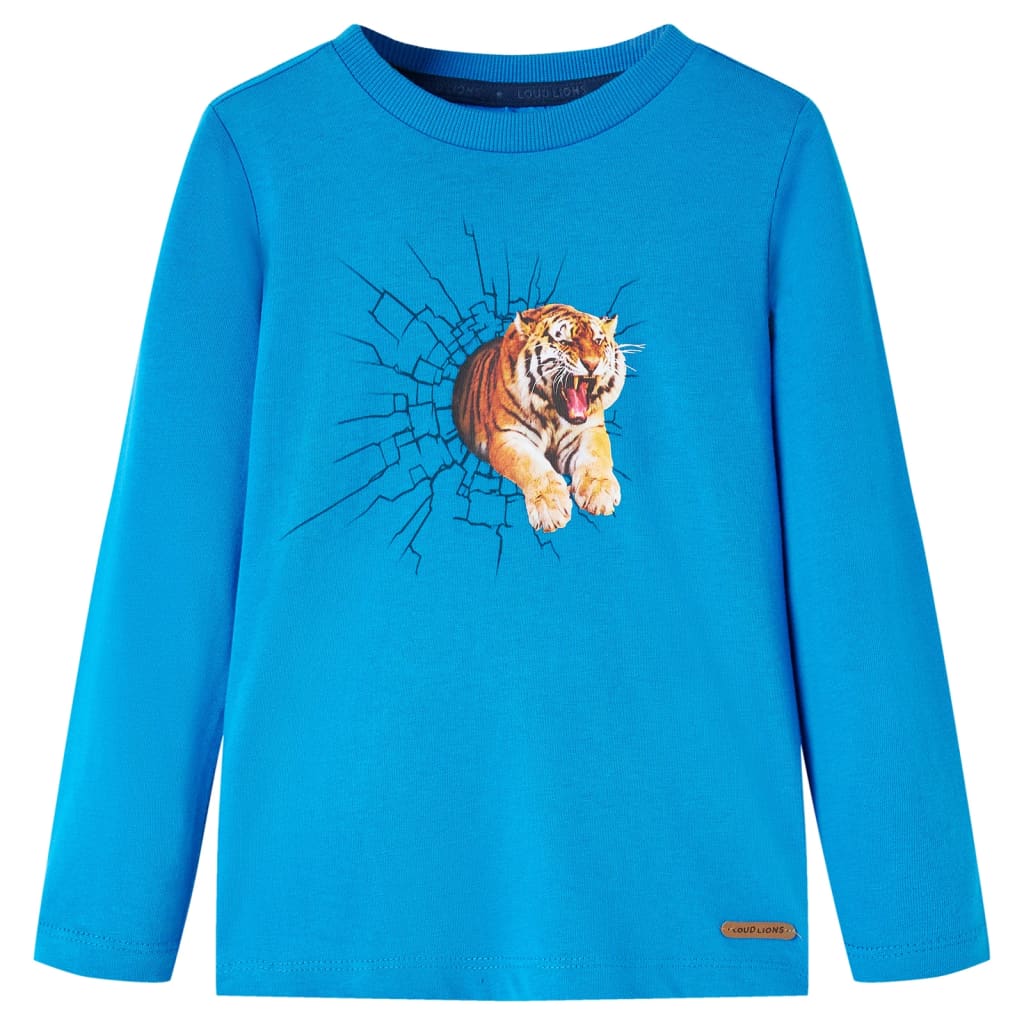 Kids' T-shirt with Long Sleeves Tiger Print Cobalt Blue 140