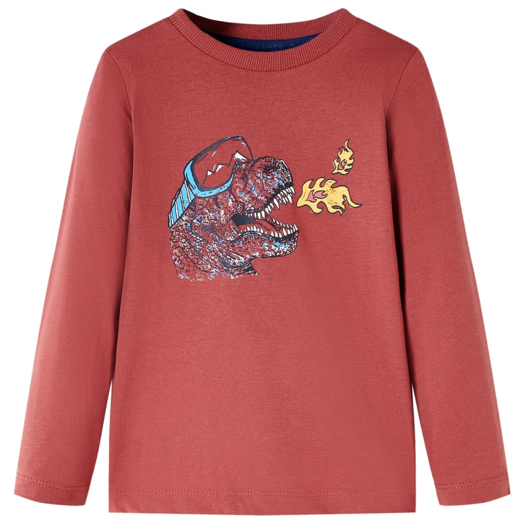 Kids' T-shirt with Long Sleeves Dinosaur Print Burnt Red 128