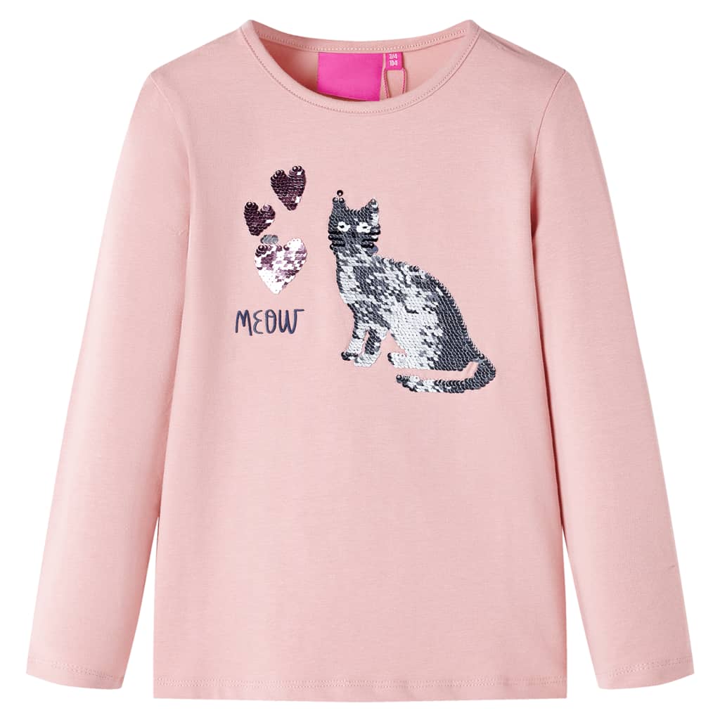 Kids' T-shirt with Long Sleeves Sequin Cat Design Light Pink 140