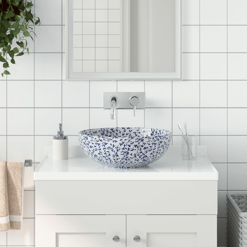 vidaXL Countertop Basin White and Blue Round ‘_41x14 cm Ceramic