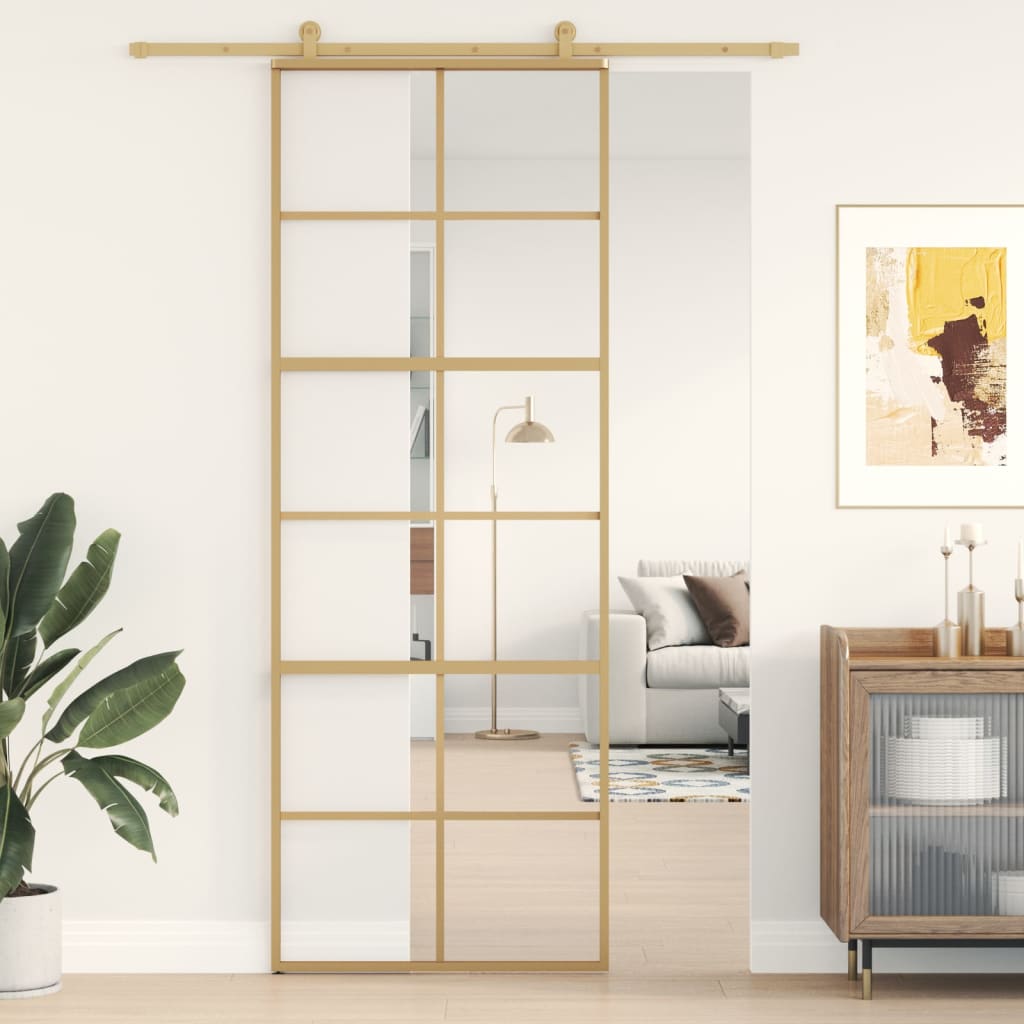 vidaXL Sliding Door Gold 76x205 cm Clear ESG Glass and Aluminium