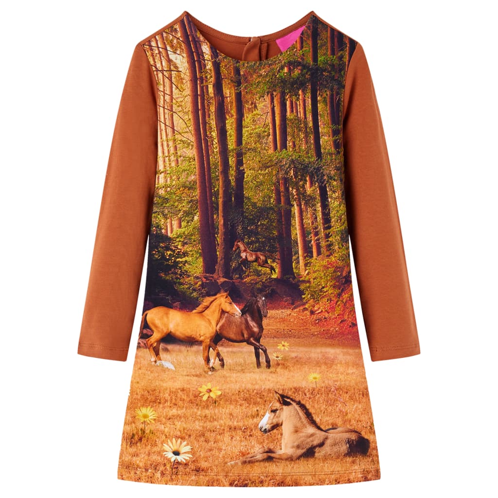 Kids' Dress with Long Sleeves Horses Print Cognac 128