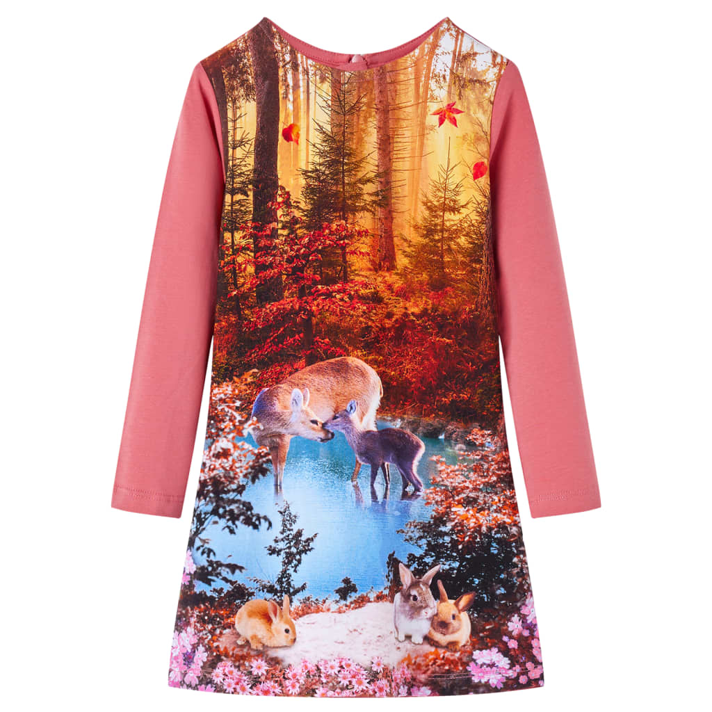 Kids' Dress with Long Sleeves Deer Print Old Pink 128