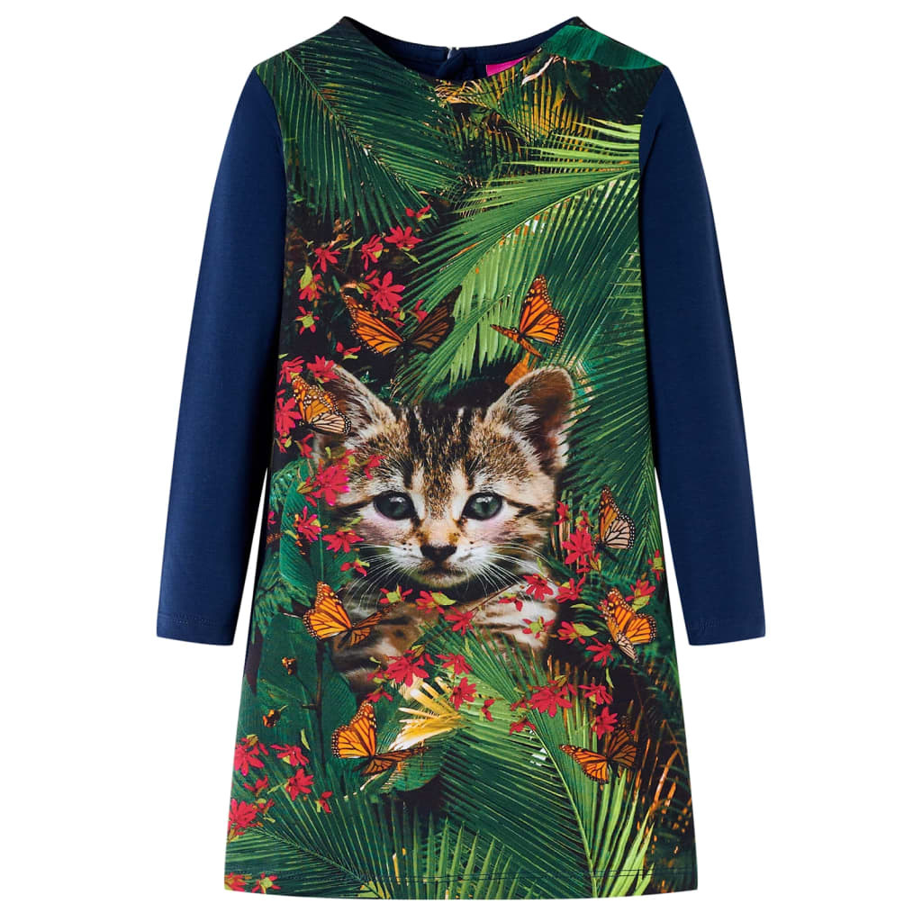 Kids' Dress with Long Sleeves Cat Print Navy 140