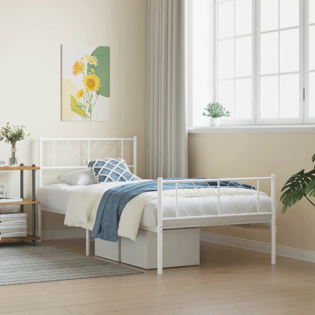 vidaXL Metal Bed Frame with Headboard and Footboard White 107x203 cm