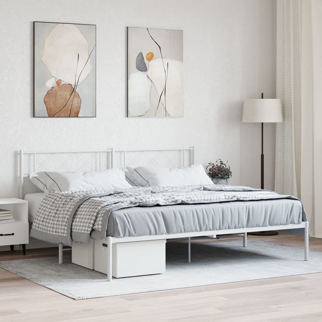 vidaXL Metal Bed Frame with Headboard White 193x203 cm