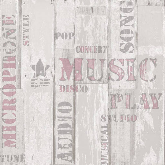 Noordwand Urban Friends & Coffee Wallpaper Wooden Planks Words Beige and Pink