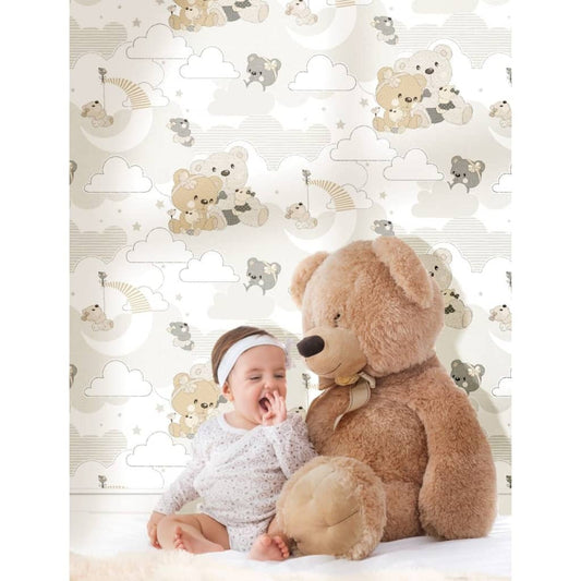 Noordwand Wallpaper Mondo baby Hug Bears Grey and Beige