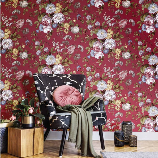 Noordwand Wallpaper Blooming Garden 6 Big Flowers Red and Blue