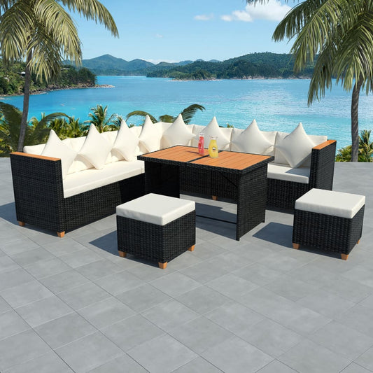 vidaXL 7 Piece Garden Lounge Set with Cushions Poly Rattan Black